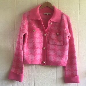 English Factory Pink Houndstooth gold button cropped cardigan Anthropologie